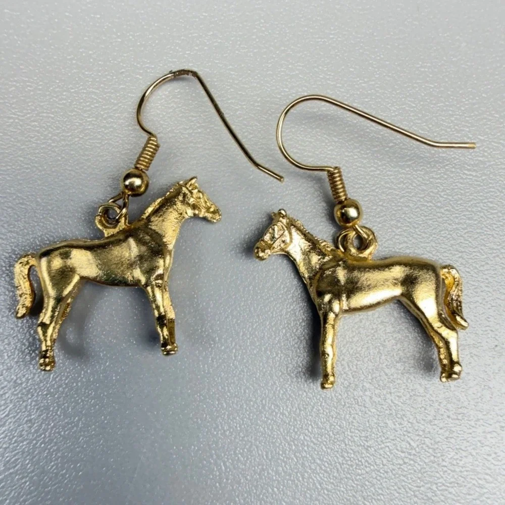 Vintage Horse Dangle Earrings Pierced Gold Tone 1990s Western Equestrian